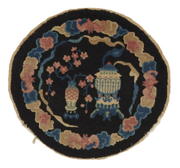 ANTIQUE CHINESE PEKING BLACK BLUE ROUND 2' RUG